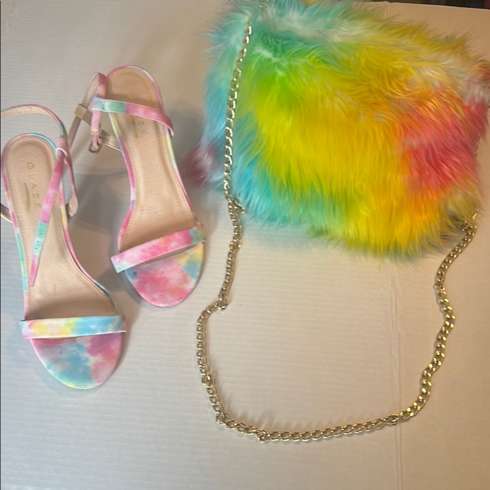 Colorful Tie-Dye Heels and Rainbow Fur Bag